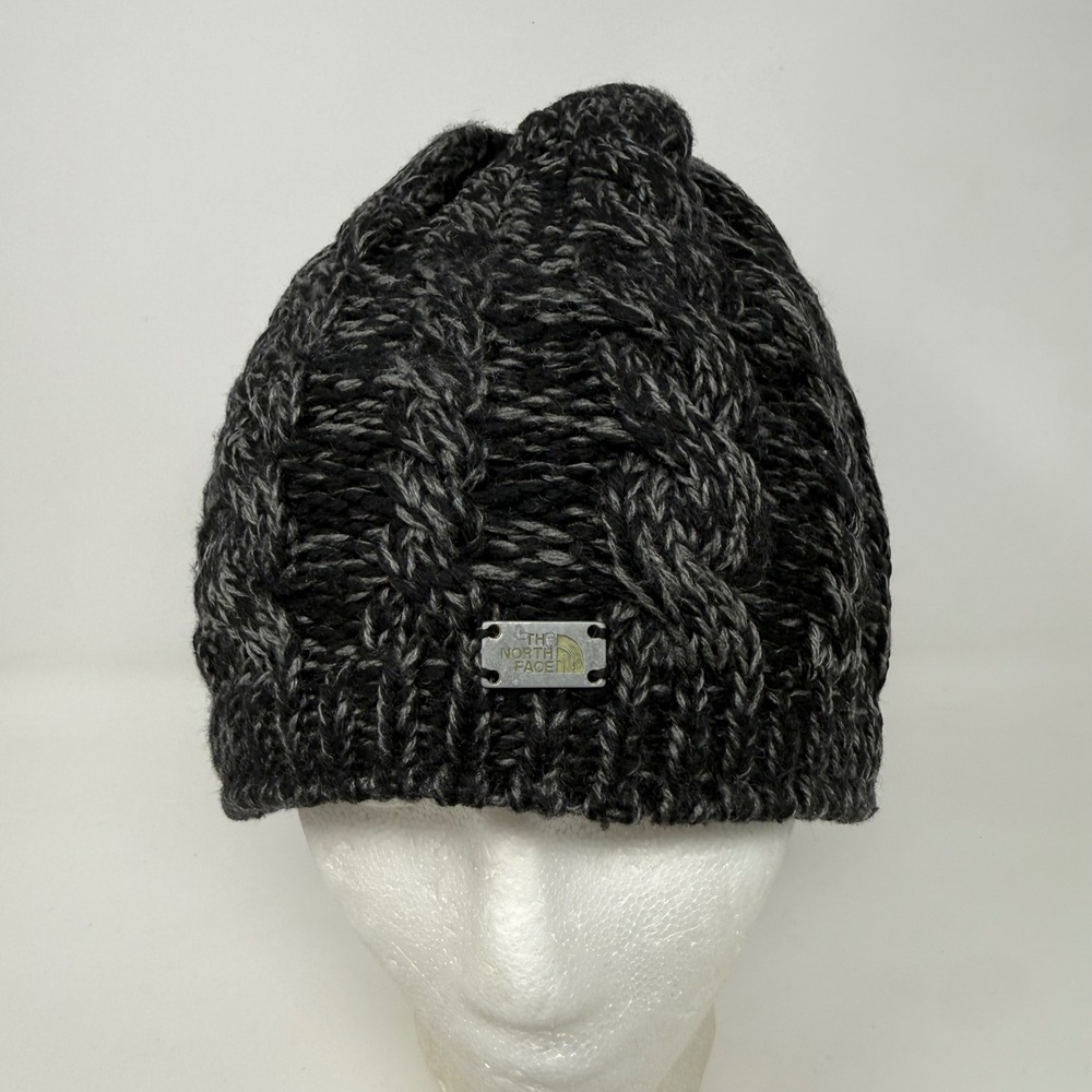 The North Face Cable Knit Fleece Lined Beanie Gray Black Wool Blend NF00A9NB
